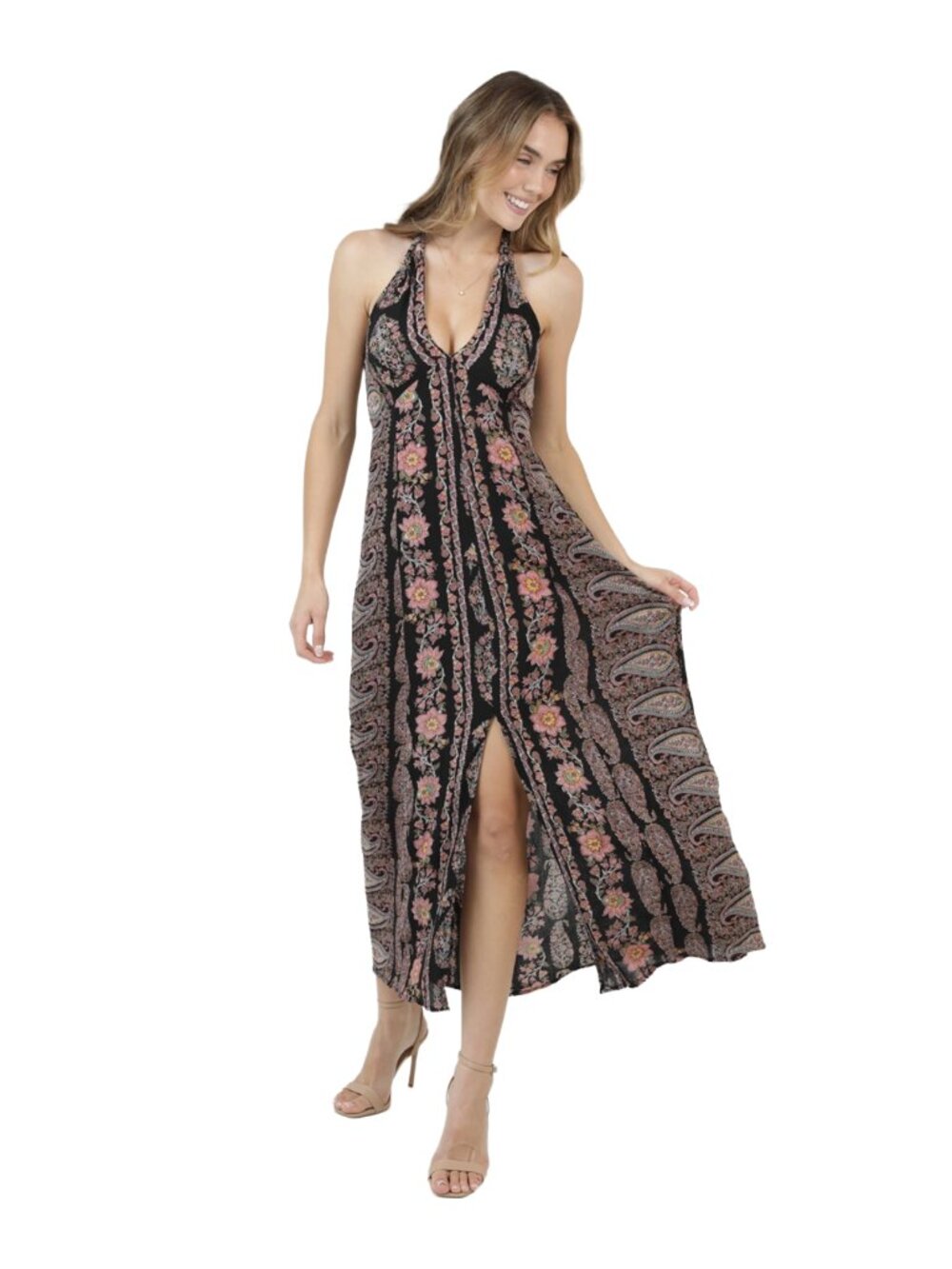 Angie Black Paisley Halter Maxi Dress F4H49‑AA09